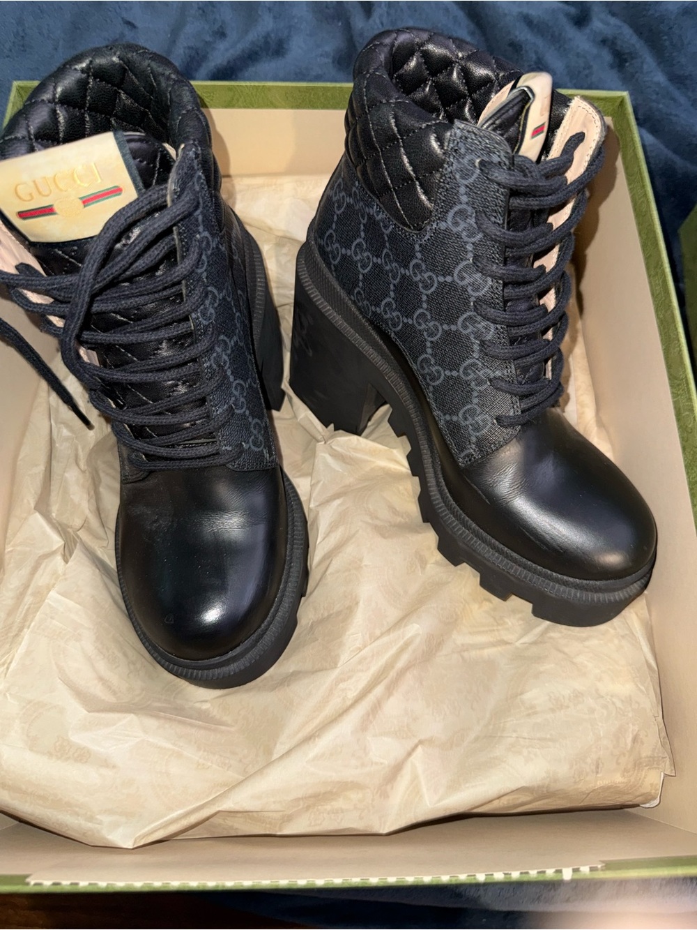 Gucci Black GG Canvas Quilted Lace-Up Chunky Heel Ankle Boots